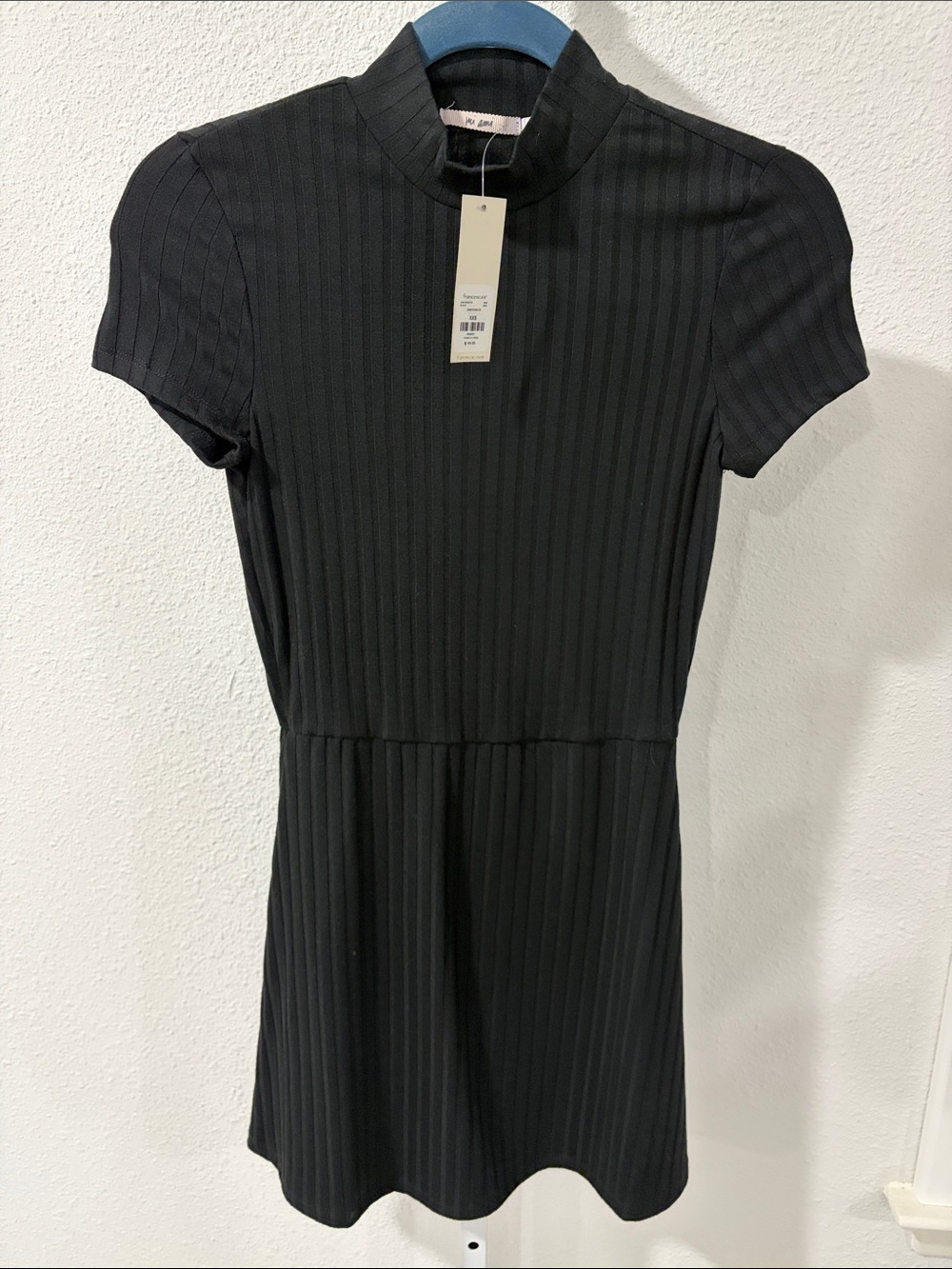 Francesca's Collections Black Ribbed Mock-Neck Short Sleeve Dress